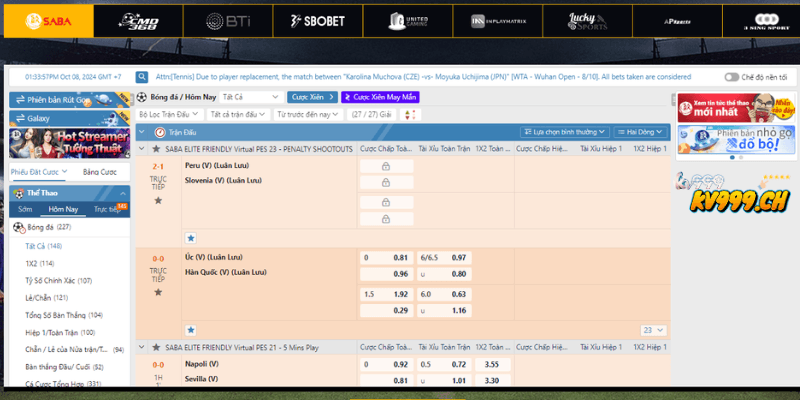 Sảnh cá cược thể thao KV999 có tỷ lệ kèo hấp dẫn