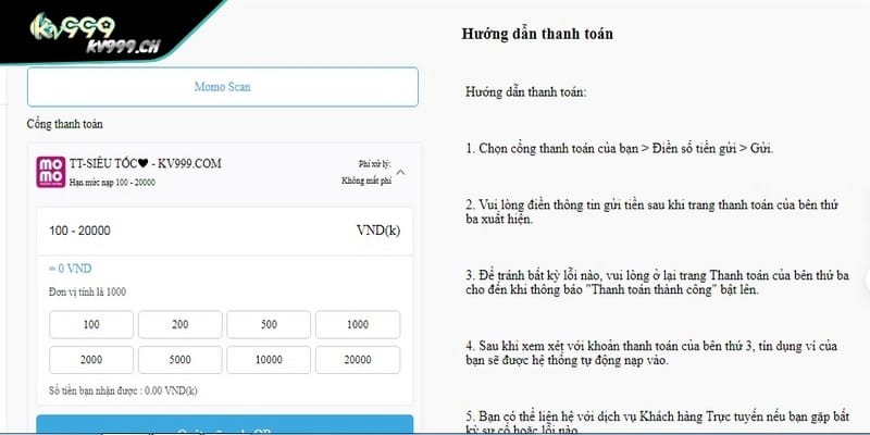 Nạp tiền KV999 thông qua ví điện tử như Momo